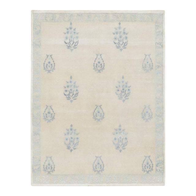 Contemporary Block Print Sky Blue Natural Silk Rug by Rug & Kilim, India For Sale
