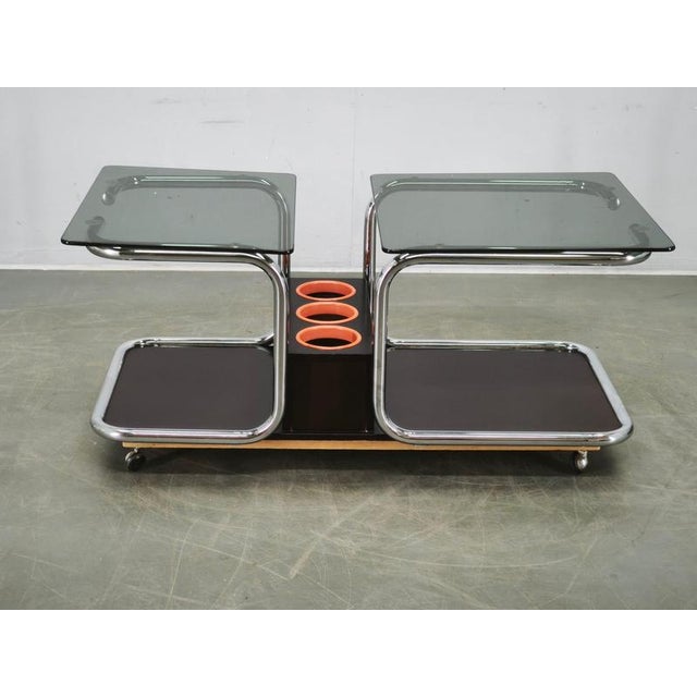 Space Age Chrome, Smoked Glass and Wood Bar Cart, 1970s For Sale - Image 14 of 15