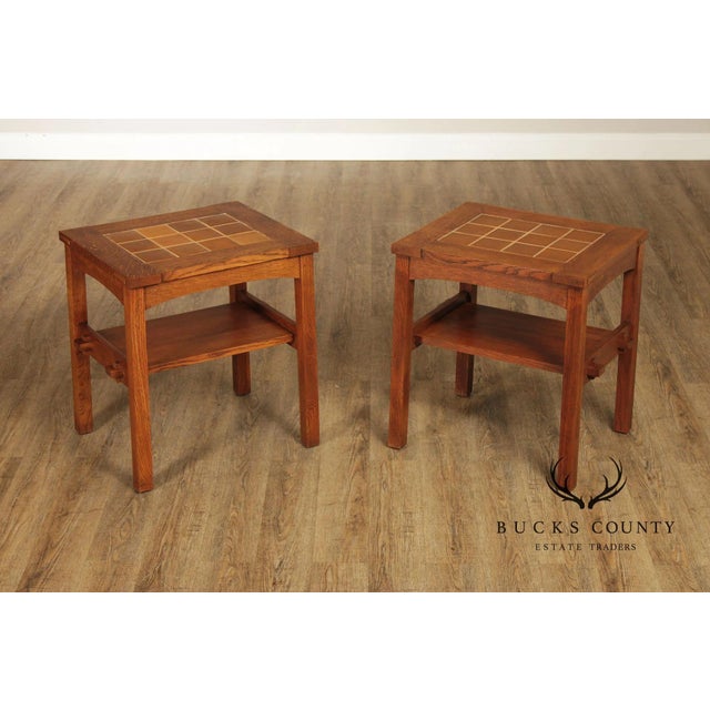 High Quality American Made Pair of Oak Two-Tier Side Tables, Each with Inset Decorative Tile Top and Arched Apron, 32...