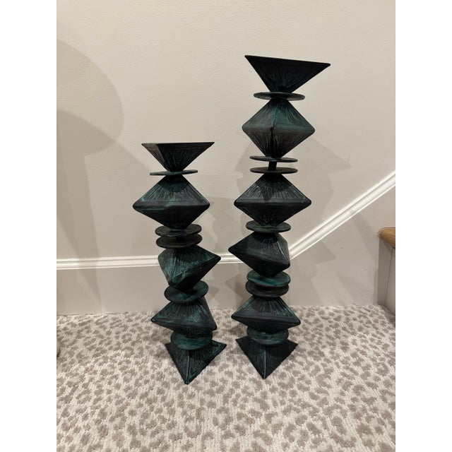Monumental Signed Modernist/Brutalist Sculptural Candlesticks in Verdigris Patinated Bronze, 1970s, a Pair For Sale - Image 10 of 12