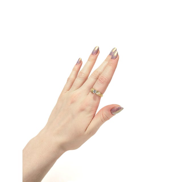 Mid-Century Modern Signed Engraved Modernist 14 Karat Gold & Diamond Solitaire Engagement Ring For Sale - Image 3 of 12