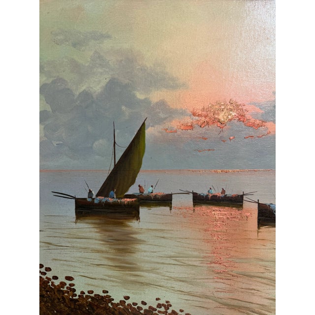 Wood Brandi, Rosario, Ships at Dusk, Large Mid Century Italian Seascape Painting For Sale - Image 7 of 12