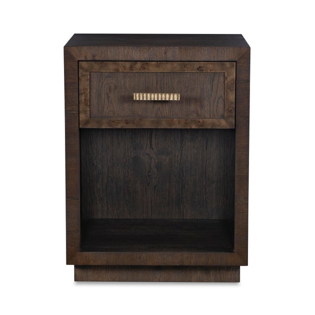 One soft-close drawer above open storage with aged bronze hardware pull