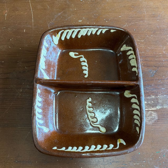 Antique English Slipware Decorated Redware Divided Dish, 19th Century For Sale - Image 4 of 12