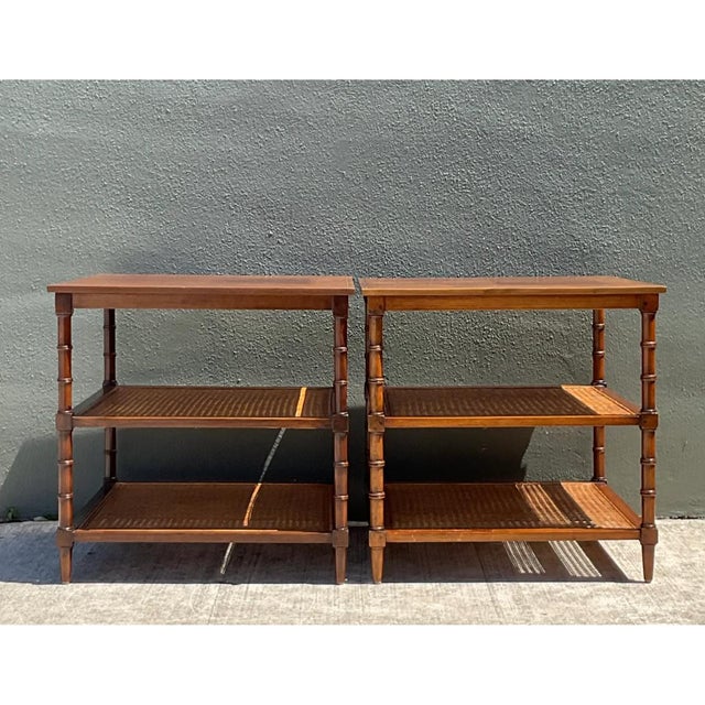 Vintage Wood and Cane Tiered Side Tables For Sale - Image 4 of 12