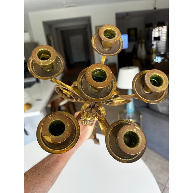 Single Antique Gothic Revival Brass 6 Light Candelabra For Sale - Image 10 of 18