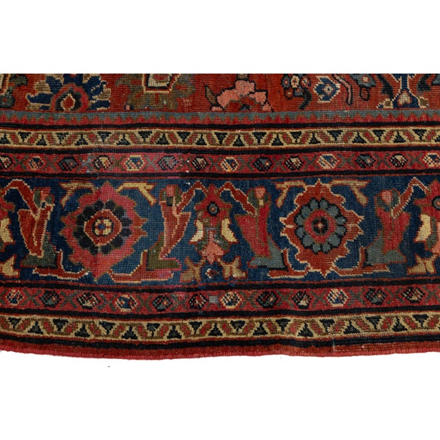 9 X 12 Vintage Mahal Wool Rug - Terracotta and Indigo Floral Medallion Motif For Sale - Image 10 of 10