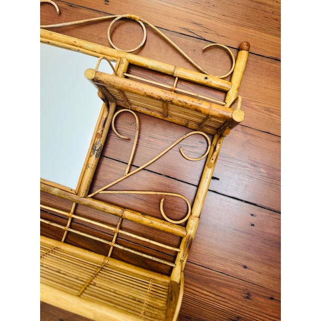 Mid-Century Modern Vintage Bamboo Wall Shelf With Mirror and Towel Rack For Sale - Image 3 of 10