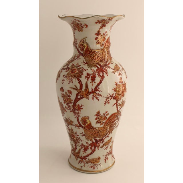 Asian Antique VTG Mid Century Chinese Porcelain Vase, Hand Painted Roosters, 11.75" For Sale - Image 3 of 8