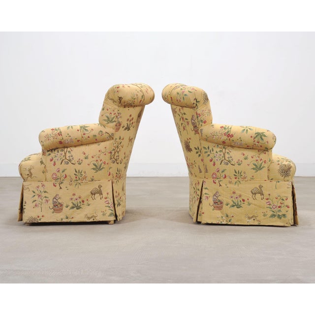 Pair of Tufted Lounge Chairs + Ottoman in Butter Print Fabric For Sale - Image 4 of 18