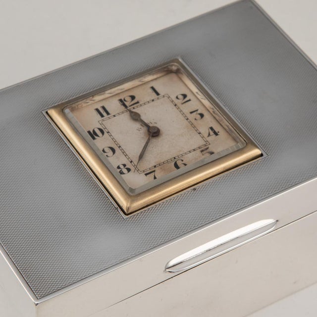 20th Century English Art Deco Solid Silver Cigarette Box with Clock, London, 1920s For Sale - Image 15 of 18