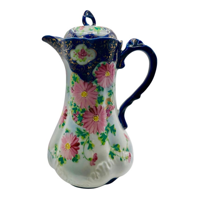Vintage Nippon Style Cobalt Blue and Pink Chocolate Pot For Sale
