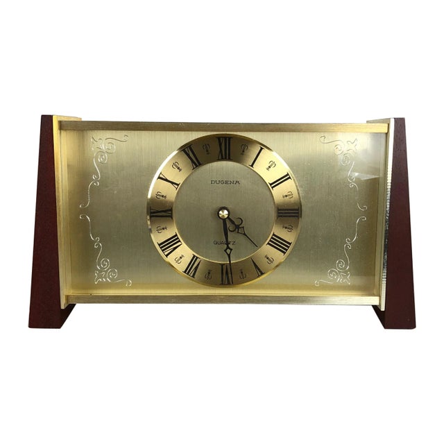 Vintage Modernist Wooden Teak Brass Table Clock from Dugena, Germany, 1960s For Sale - Image 16 of 16