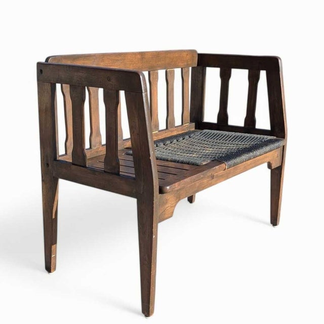 Mid-Century Wood Bench With Black Woven Strap Seat For Sale - Image 10 of 15