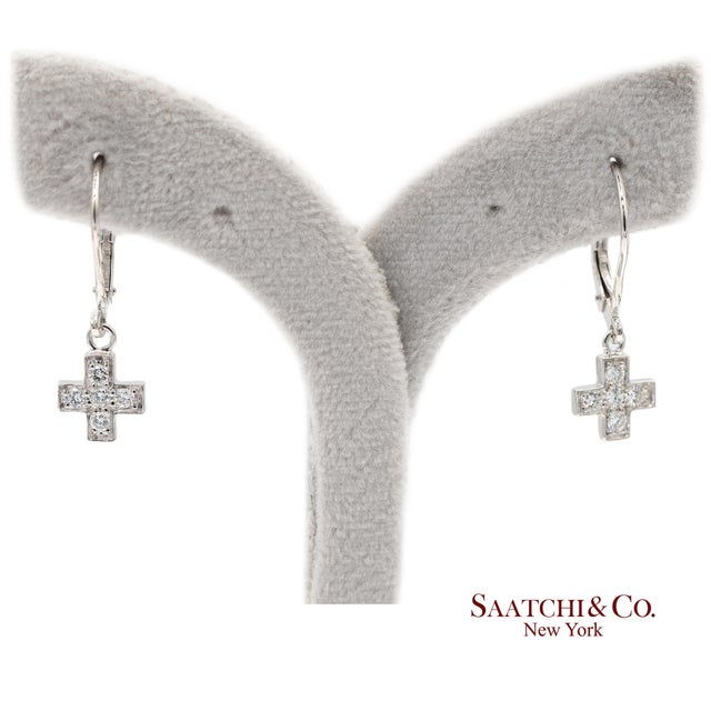 Metal 18k 750 Solid White Gold Natural Diamond Drop Hanging Cross Shape Earrings, A Pair For Sale - Image 7 of 10