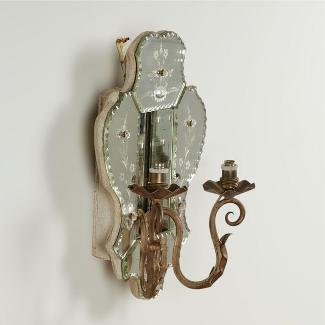 Antique Pair of Italian Mirrored Two Light Wall Sconces For Sale - Image 4 of 12
