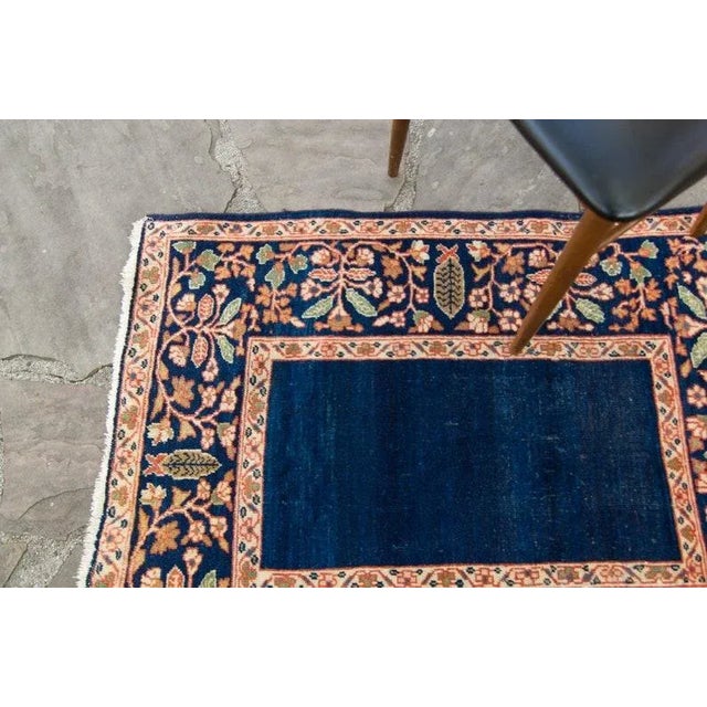 1920s Antique Small Geometric Floral Denim Blue & Beige Accent Rug - 3’1” x 4’ For Sale - Image 4 of 10