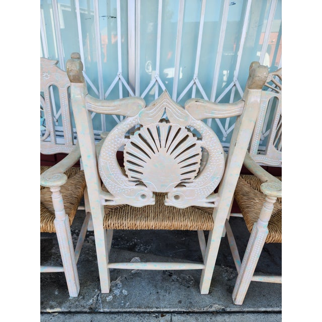 Textile Set of 6 Vintage Carved Nautical and Celestial Armchairs With Rush Seats For Sale - Image 7 of 10