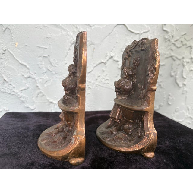Metal Vintage Solid Bronze Art Nouveau “Girl at Fountain” Bookends – Pair For Sale - Image 7 of 11
