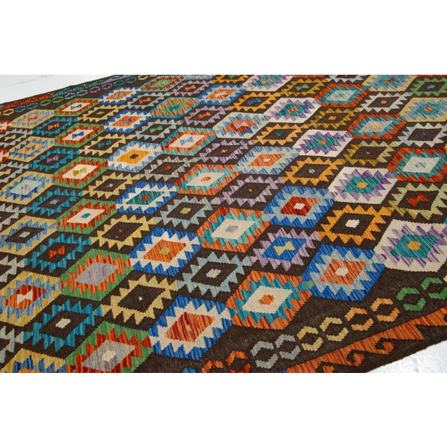 Contemporary Multicolor Contemporary Kilim Wool Rug Flatweave With Geometric Pattern For Sale - Image 3 of 7
