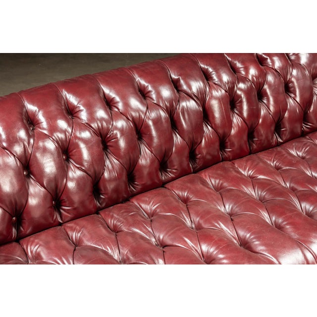 Vintage Deep Red Leather Tufted Chesterfield Sofa With Brass Nailhead Trim For Sale In Chicago - Image 6 of 9