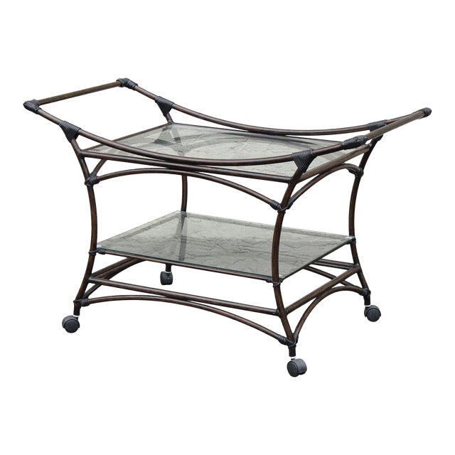 Contemporary Faux Rattan Rolling Bar Cart For Sale
