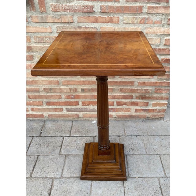 French Provincial Mid-20th Century Walnut Wood Square Top Pedestal Table For Sale - Image 3 of 18