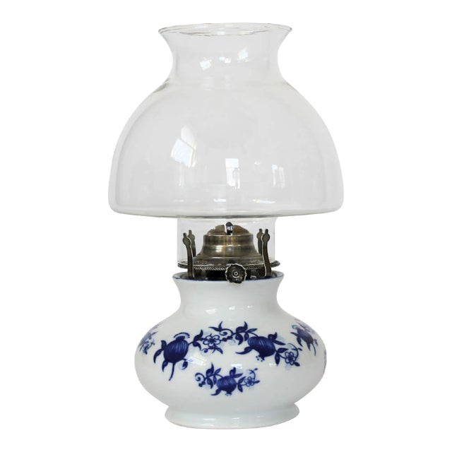 Vintage German Blue and White Porcelain Kerosene Oil Lamp For Sale