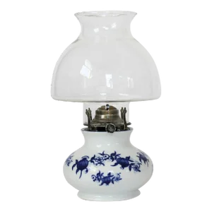 Vintage German Blue and White Porcelain Kerosene Oil Lamp