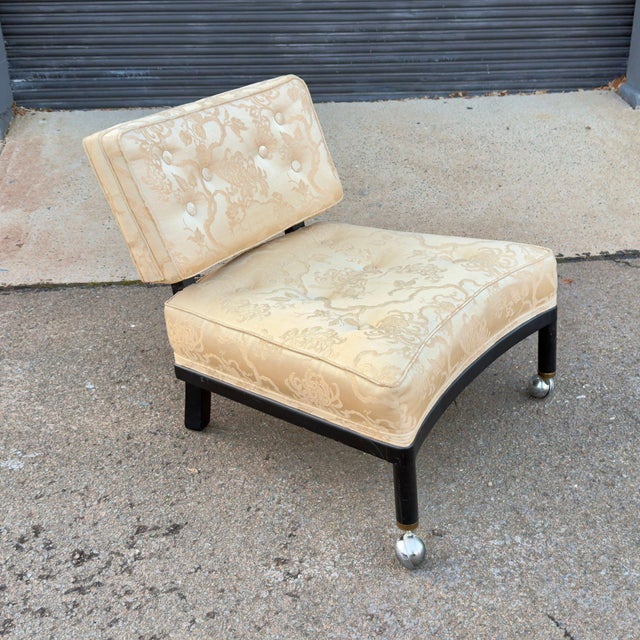 Vintage Mid-Century Modern Slipper Lounge Chair, Ebonized Frame, Chrome Ball Casters, Tufted Brocade, Probber Style For Sale - Image 11 of 11