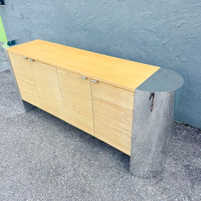 Postmodern Postmodern Chrome and Ribbed Wood Credenza For Sale - Image 3 of 12