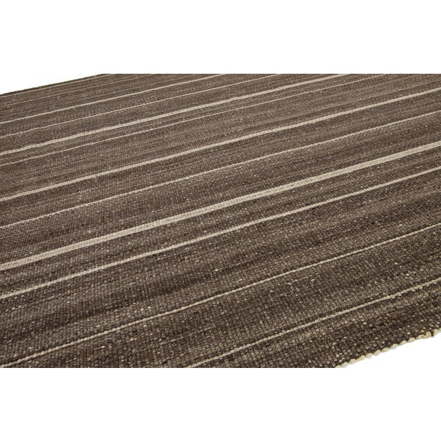 Organic Modern Flatweave Brown Wool Rug With Striped Design For Sale In New York - Image 6 of 11