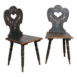 Pair of 19th Century Hand-Painted Hungarian Folk Art Chairs With Heart Cut Out For Sale
