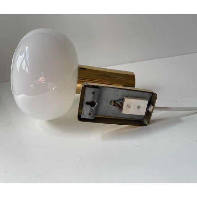 Vintage Scandinavian Brass Wall Lamp with Opaline Glass Mushroom Shade, 1960s For Sale - Image 9 of 10