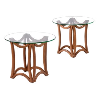 Mid-Century Modern Sculptural Bentwood Pearsall Style Glass Top Pedestal Side Tables For Sale