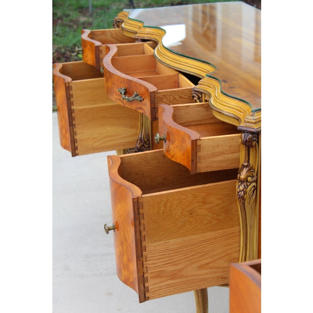 Magnificent Vintage French Provincial Louis XV Rococo Satinwood & Burl Wood Vanity For Sale - Image 9 of 14