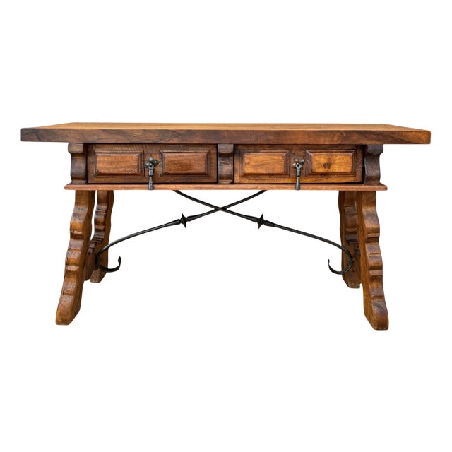 Low Rustic Oak Table with Drawers and Iron Stretcher, 1940 For Sale