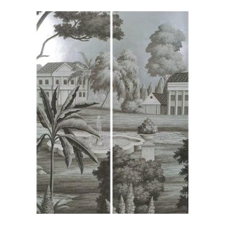 36" * H96" * 2ps, Hand-Painted Retro Grey Tone Manor Fountain Wall Mural, Vintage Chinoiserie Neoclassical Landscape Wall Cloth For Sale