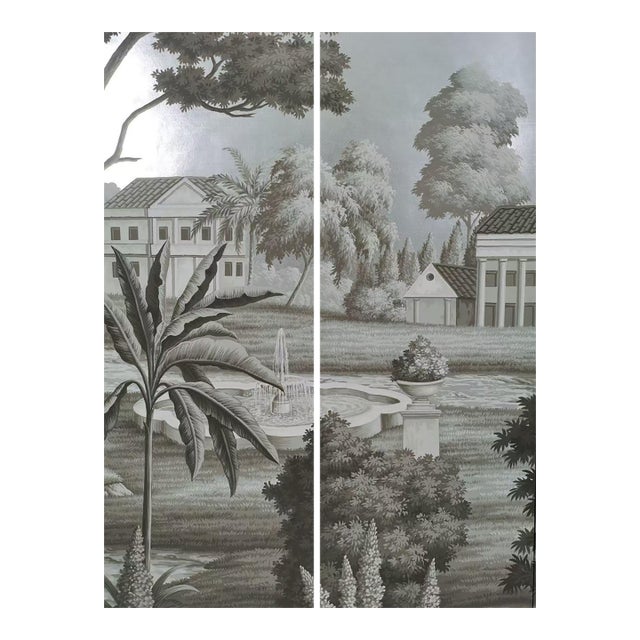 36" * H96" * 2ps, Hand-Painted Retro Grey Tone Manor Fountain Wall Mural, Vintage Chinoiserie Neoclassical Landscape Wall Cloth For Sale