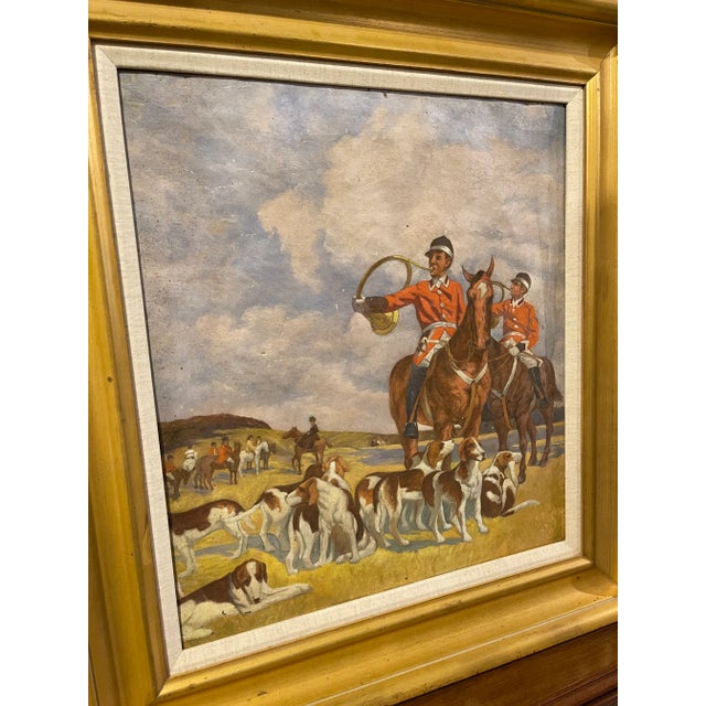 Antique turn of the century original oil on canvas painting depicting an English hunt scene with riders in red reading...
