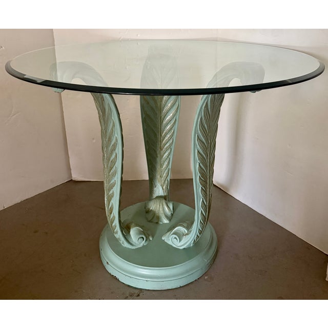 Lovely Empire style entry hall/dining table base. Carved wood with a green finish and some gold touches. Circular base...