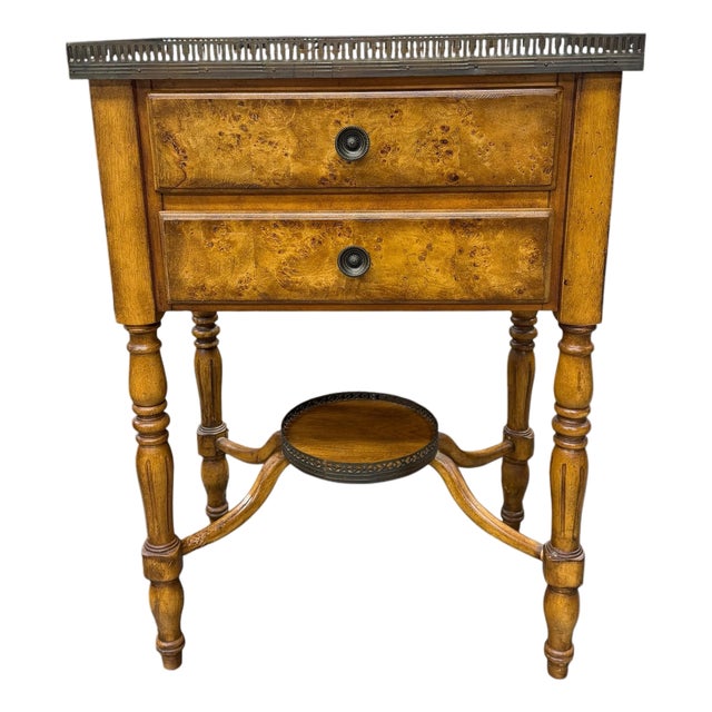Vintage Two Drawer Birds Eye Wood Brass Gallery Drinks or Side Table For Sale