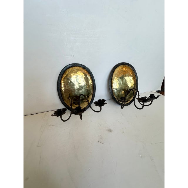 Rustic Antique Hammered Brass & Iron Candle Sconces -a Pair For Sale - Image 3 of 8