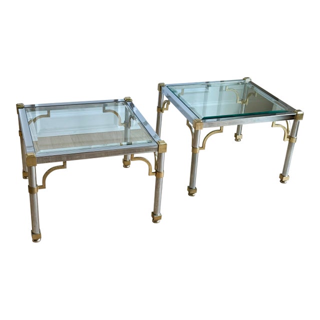 Pair of 1970s Maison Jansen / Mastercraft Style Chrome and Brass Side Tables With Beveled Glass For Sale