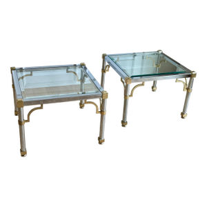 Pair of 1970s Maison Jansen / Mastercraft Style Chrome and Brass Side Tables With Beveled Glass