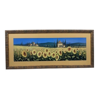 Late 20th Century Large Tuscan Sunflower Panorama Framed & Matted Landscape Print Rustic Italian Countryside For Sale