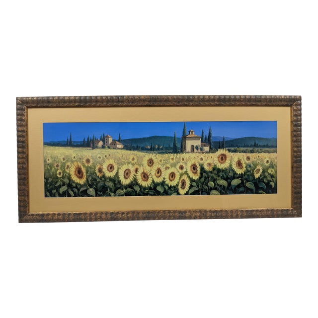 Late 20th Century Large Tuscan Sunflower Panorama Framed & Matted Landscape Print Rustic Italian Countryside For Sale