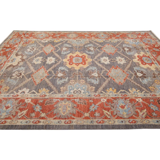 2020s Modern Sultanabad Handmade Gray & Rust Wool Rug With Allover Motif For Sale - Image 5 of 7