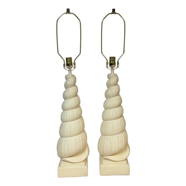 1980s Hollywood Regency Spiral Seashell Form Plaster Table Lamps - a Pair For Sale