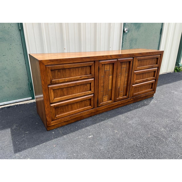 1960s Dixie 9-Drawer Brutalist Walnut Triple Long Dresser For Sale - Image 6 of 12